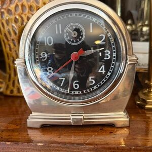 Pottery Barn Vintage Look battery operated alarm clock, silver tone. READ
